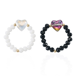 Mixed Color 2Pcs 2 Colors Glass Beads Finger Rings, with Brass Heart, Mixed Color, US Size 4 1/4(15mm)