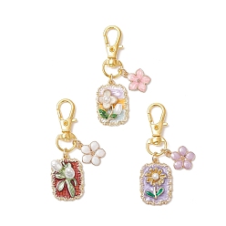 (52) Непрозрачная лаванда 3 шт. подвесные украшения из эмалевого сплава и пластикового жемчуга, с поворотными застежками сплава, золотые, Прямоугольник с цветком, разноцветные, 60 мм