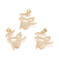 Золотой Латунные микропаве прозрачные подвески с фианитом, долговечный, со словом и сердцем, золотые, 21.5x20x2.5 мм, отверстие : 4x3.5 мм