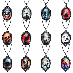 (52) Непрозрачная лаванда 12шт. 12 цвета готический овальный кулон из цинкового сплава и стекла, черный шнурок из искусственной кожи, разноцветные, 17.80 дюйм (45.2 см), 1 шт / цвет
