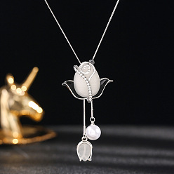 Platino Collares largos con borlas y perlas de plástico y cristales de aleación de flores para mujer, Platino, 33.46 pulgada (85 cm)