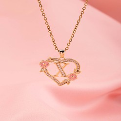 Letter X Латунные кристаллы горный хрусталь полые розы сердце с подвеской в виде буквы для женщин, с розовым эмали, золотые, Письмо X, 19.69 дюйм (50 см)