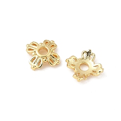 Настоящее золото 18K Шапочки и конусы для бусин, латунные, 4-лепестков цветка, реальный 18 k позолоченный, 6x6x2 мм, отверстие : 1.6 мм