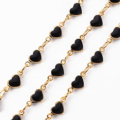 Real 18K Gold Plated Handmade Brass Link Chains, Cadmium Free & Nickel Free & Lead Free, with Enamel, Soldered, Spool, Heart, Real 18K Gold Plated, 3.8x2.2x0.3mm and 4x8.7x1.5mm, about 16.4 Feet(5m)/roll