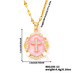 Pink Блестящие ретро-латунные подвески с микропаве из прозрачных кубических цирконий в форме овала с крестом и эмалью, золотые, розовые, 15.75 дюйм (40 см)