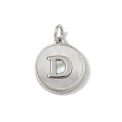 Letter D Латунный паве натуральный ракушка плоский круглый с буквенными подвесками, платина, долговечный, без свинца и без кадмия, стойки покрытие, цвет морской раковины, Буква D, 15x13x2 мм, отверстие : 3 мм