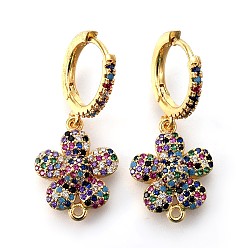 Golden Brass Huggie Hoop Earring Findings, with Micro Pave Cubic Zirconia, Flower, Colorful, Golden, 30.5mm, Hole: 1.2mm, Pin: 0.8mm