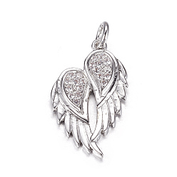 Платина Латунные микро проложить кубического циркония подвески, крыло, платина, 22x13x3 мм, отверстие : 3 мм