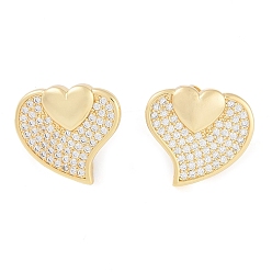 Настоящее золото 18K Женские серьги-гвоздики из латуни с прозрачным фианитом, сердце, реальный 18 k позолоченный, 19x20.5 мм