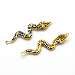 Real 18K Gold Plated Brass Micro Pave Grade AAA Cubic Zirconia Links, Cadmium Free & Nickel Free & Lead Free, Snake, Real 18K Gold Plated, 37x10x4mm, Hole: 1mm