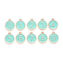 Turquoise Light Gold Plated Alloy Enamel Charms, Enamelled Sequins, Flat Round with Number, Number 0~9, Turquoise, 14.5x12x2.5mm, Hole: 1.4mm, 10pcs/set