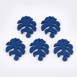 Морской Синий Расписные подвески из тополя, подвески из тропических листьев, лист монстры, Marine Blue, 30x24x2.5~3 мм, отверстие : 1.5~2 мм
