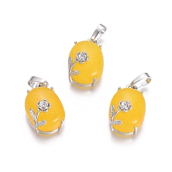 Нефрит Природного нефрита подвески, с латунной фурнитурой платинового цвета, овальные с цветком, окрашенные, 22x13.8x10.3 мм, отверстие : 6x3.5 мм