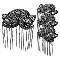 Gunmetal 4Pcs Felt & Rhinestone & Iron Curb Chain Tassel Epaulettes, Shoulder Badges, with Brooch, Flower, Gunmetal, 195x120x6mm