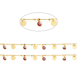 Красный Латунные бар шарнирные цепи, с эмалью, долговечный, пайки, с катушкой, глаз и плоский круглый, реальный 18 k позолоченный, красные, ссылка: 13x2x1 mm, глаза: 7x5x4 мм, плоско-круглые: 6x0.2 mm, около 32.8 футов (10 м) / рулон