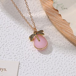 Pink Стеклянные подвески-слезинки в форме стрекозы, ожерелья из сплава бохо-кабеля для женщин, античное золото , розовые, 17.72 дюйм (45 см)