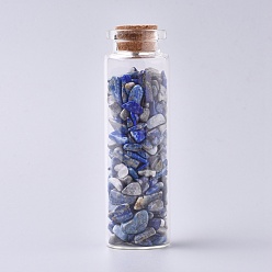 Lapis Lazuli Glass Wishing Bottle, For Pendant Decoration, with Lapis Lazuli Chip Beads Inside and Cork Stopper, 22x71mm