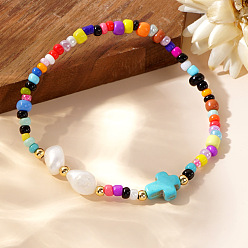 Голубой Стрейч-браслеты из бисера, Браслеты из бусин-крестиков из искусственной бирюзы и искусственного жемчуга для женщин, голубой, внутренний диаметр: 6-7/8 дюйм (17.5 см)