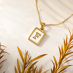 Letter F Прямоугольник 304 ожерелья с инициалами из нержавеющей стали с натуральным белым ракушечником для женщин, реальный 18 k позолоченный, Буква F, 15.75 дюйм (40 см)