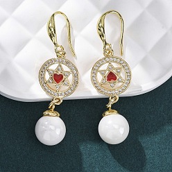 Настоящее золото 18K Серьги-подвески из латуни с прозрачным кубическим цирконием и прозрачным паве, с эмалью и имитация жемчуга абс, стойки покрытие, долговечный, без свинца и без кадмия, плоские круглые и звезды, реальный 18 k позолоченный, 40x13 мм