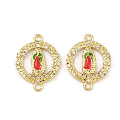 Ring Подвески-коннекторы с изображением Девы Марии из латуни с микропаве из прозрачных кубических цирконий, с красной и зеленой эмалью, без свинца и без кадмия, долговечный, реальный 18 k позолоченный, стойки покрытие, кольцо, 25.5x19x3.5 мм, отверстие : 2.5 мм