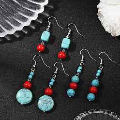 Platinum 3 Pairs Brass Synthetic Turquoise Dangle Earrings, Round & Rectangle, Platinum, 43x8mm