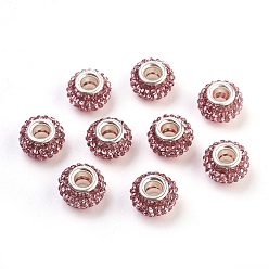 Light Rose Grade A Rhinestone European Beads, Large Hole Beads, Resin, with Silver Color Plated Brass Core, Rondelle, Light Rose, 12x8mm, Hole: 4mm