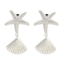 Платина Серьги-гвоздики из латуни с реечным покрытием, с уха орехов, долговечный, Морские звезды и снаряды, платина, 38x20.5 мм