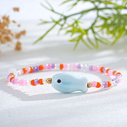 Небесно-голубой Эластичные браслеты из смолы и фарфоровых бусин для женщин, рыба, голубой, 6.89 дюйм (17.5 см)