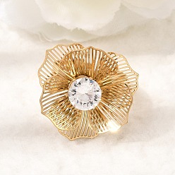 Золотой 201 Регулируемые кольца-манжеты из нержавеющей стали с одинарным кубическим цирконием для женщин, цветок, золотые, 25x25 мм, внутренний диаметр: 18 мм