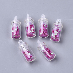 Medium Violet Red Glass Wishing Bottle Pendant Decorations, with Star Glitter Sequins/Paillette inside, with Plastic Plug, Medium Violet Red, 24.5x10mm, Hole: 2mm