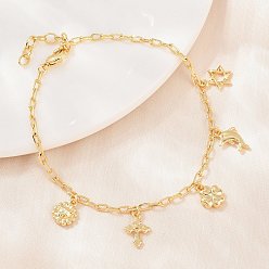 Plaqué 18K Or Véritable Bracelets de charme en laiton, bracelets chaîne câblée pour femmes, fleur et trèfle et dauphin et étoile et croix, réel 18 k plaqué or, 7.52 pouce (19.1 cm), pendentifs: 10~12x8x1.5~3.5 mm