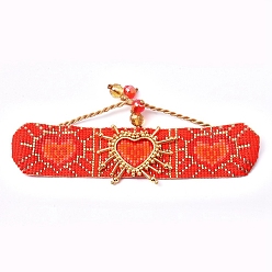Orange Red Adjustable Glass Seed Beads Braided Bead Bracelets, Oval with Heart, Orange Red, 1-5/8 inch~3-1/2 inch(4.3~9.1cm)