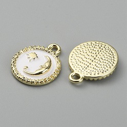 Blanco Colgantes de la aleación del esmalte, dijes redondos y planos con luna y estrella, la luz de oro, blanco, 16x13x2 mm, agujero: 1.8 mm