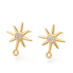 Настоящее золото 18K Латунные микро-паве кубические цирконии серьги-гвоздики фурнитура, звезда, без никеля , долговечный, реальный 18 k позолоченный, 16x13.5 мм, отверстие : 1.2 мм, штифты : 0.8 мм