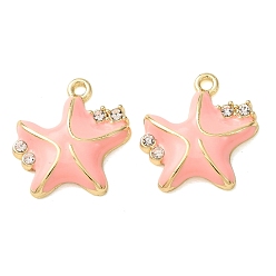 Pink Pendentifs en émail , breloques en forme d'étoile de mer, avec strass cristal, or, rose, 15.5x15.5x3.5mm, Trou: 1.4mm
