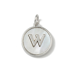 Letter W Латунный паве натуральный ракушка плоский круглый с буквенными подвесками, платина, долговечный, без свинца и без кадмия, стойки покрытие, цвет морской раковины, Буква W, 15x13x2 мм, отверстие : 3 мм