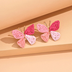 Pink Серьги-гвоздики в виде бабочек из сплава и рафии, золотые, розовые, 34 мм