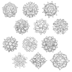 Серебро 12 шт. броши из сплава цветов и страз для одежды, серебряные, 24~30 мм