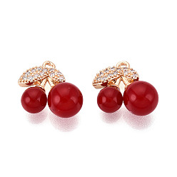 Light Gold Подвески из латуни с микропаве из кубических цирконий и акрила, черри прелести, без кадмия, без никеля и без свинца, золотой свет, 14.2x15x8 мм, отверстие : 1.2~1.4 мм