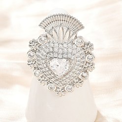 Настоящее золото 18K Латунные кольца из манжеты с прозрачным цирконием, без кадмия и без свинца, сердце, реальный 18 k позолоченный, 33.5x24.5 мм