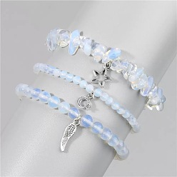 Другие Кварцы 3 браслеты из сплава и натуральных опаловых бусин с подвесками, эластичные браслеты для женщин, лист, луна и звезда, 7.48 дюйм (19 см)