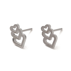 Stainless Steel Color 304 Stainless Steel Stud Earrings, Hollow Heart, Stainless Steel Color, 10x6.5mm