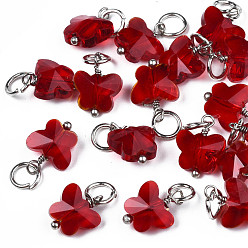 Red Faceted Transparent Glass Charms, with Iron Jump Ring, Butterfly, Red, 13~14x9.8x6mm, Hole: 4mm