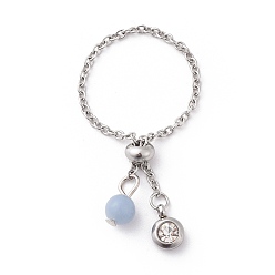 304 Stainless Steel Einstellbare Fingerringe aus 304 Edelstahl, Schieberegler Ringe, mit natürlichen Angelitperlen und Strass, Edelstahl Farbe, 96 mm