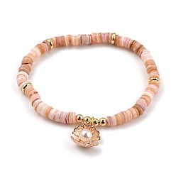 Pink Stretch Charm Bracelets, with Brass Beads, Natural Shell Heishi Beads and Alloy Charms, ABS Plastic Imitation Pearl, Shell Shape, Golden, Pink, Inner Diameter: 5.5cm(2-1/8 inch)