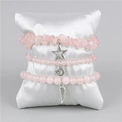 Розовый Кварц 3 Браслеты из сплава и бусин из натурального розового кварца с подвесками, эластичные браслеты для женщин, лист, луна и звезда, 7.48 дюйм (19 см)