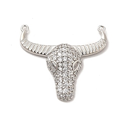 Clear Rack Plating Brass Micro Pave Cubic Zirconia Connector Charms, Cadmium Free & Lead Free, Long-Lasting Plated, Cattle Head Links, Platinum, Clear, 25.5x27.5x5mm, Hole: 1mm