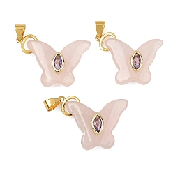Rose Quartz Natural Rose Quartz Pendants, Butterfly Charms with Brass Micro Pave Cubic Zirconia Findings, Golden, 17.5~19x23~25x6.5~7mm, Hole: 3.5x4mm