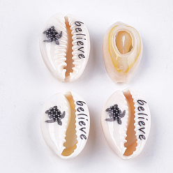 Black Printed Cowrie Shell Beads, No Hole/Undrilled, Sea Turtle & Believe Pattern, Black, 17~23x10.5~15x6~8mm